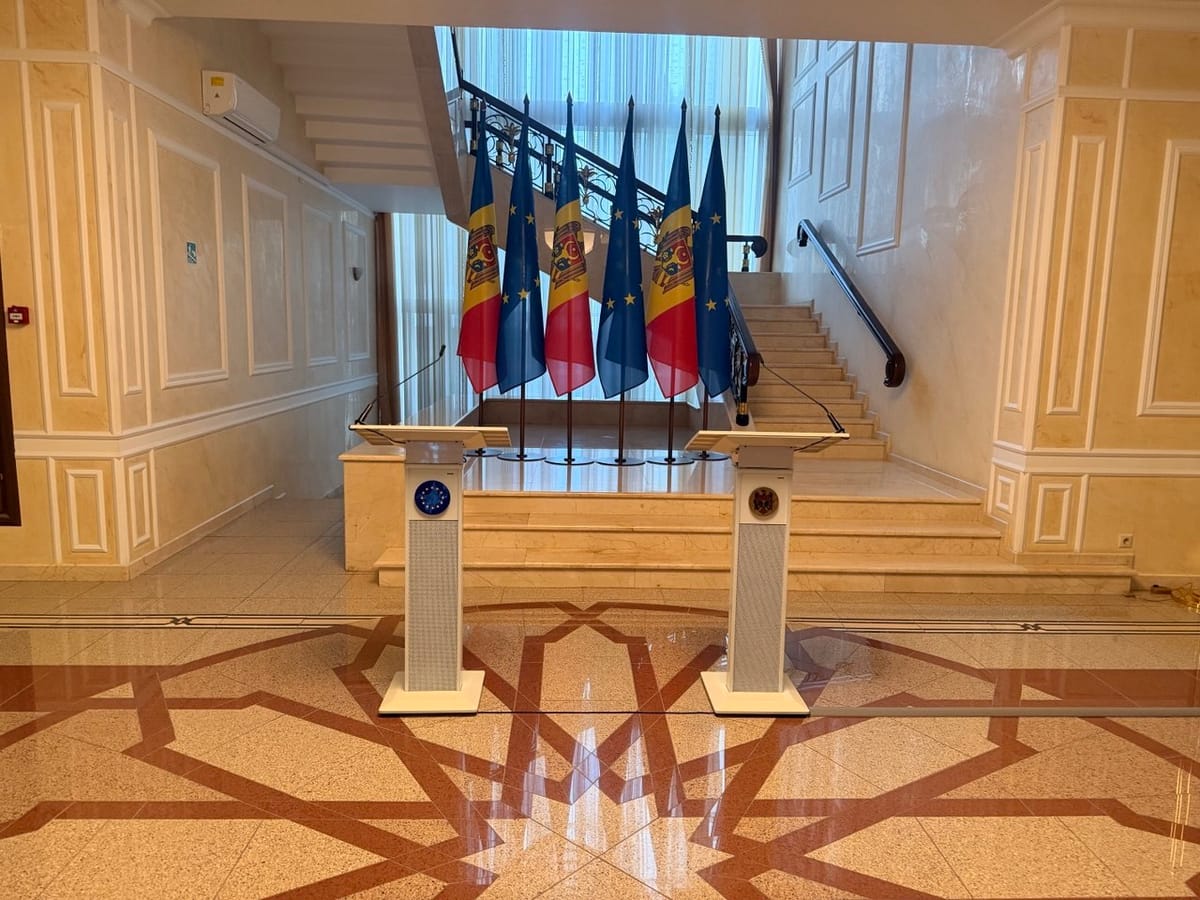 Conference podiums for an official Moldova–EU statement